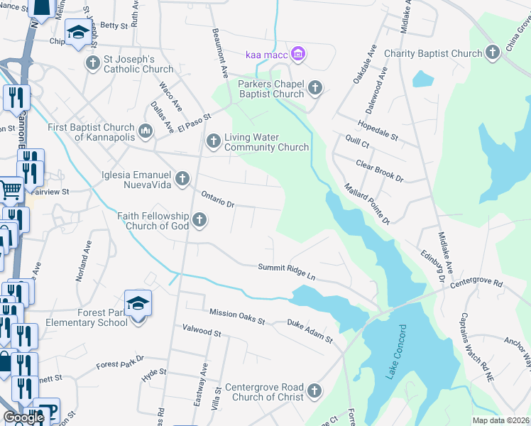 map of restaurants, bars, coffee shops, grocery stores, and more near 1500 Ontario Drive in Kannapolis