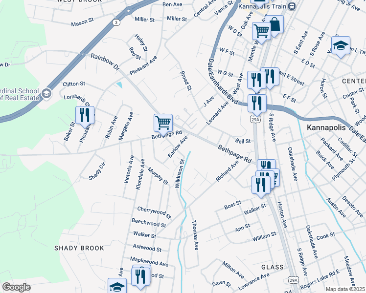 map of restaurants, bars, coffee shops, grocery stores, and more near 509 Wilkerson Street in Kannapolis