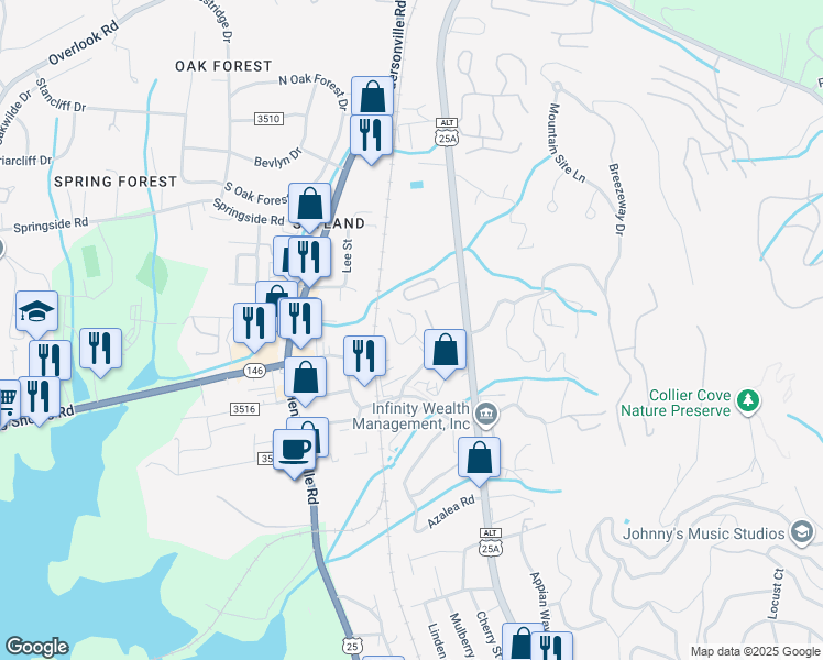 map of restaurants, bars, coffee shops, grocery stores, and more near 48 Ravencroft Lane in Asheville