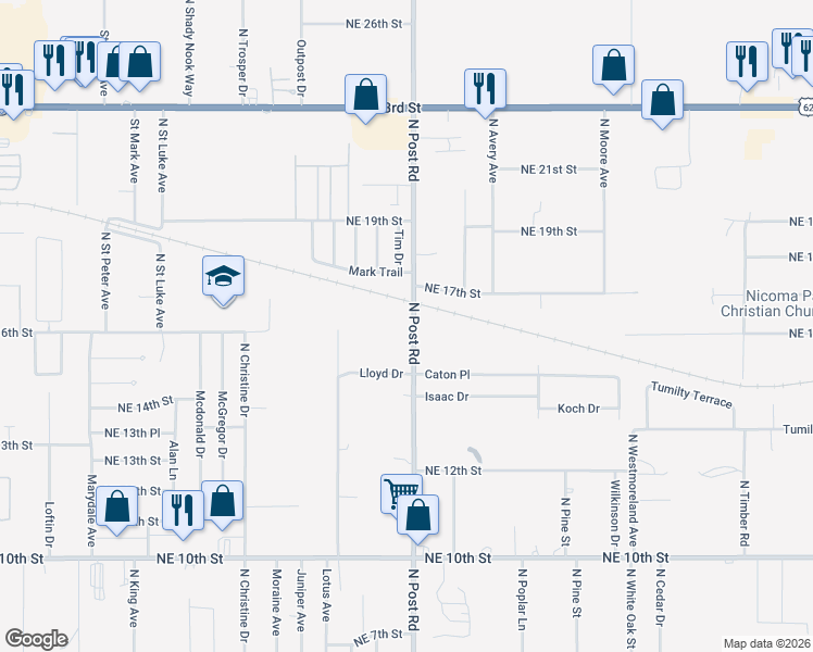 map of restaurants, bars, coffee shops, grocery stores, and more near 1613 North Post Road in Midwest City