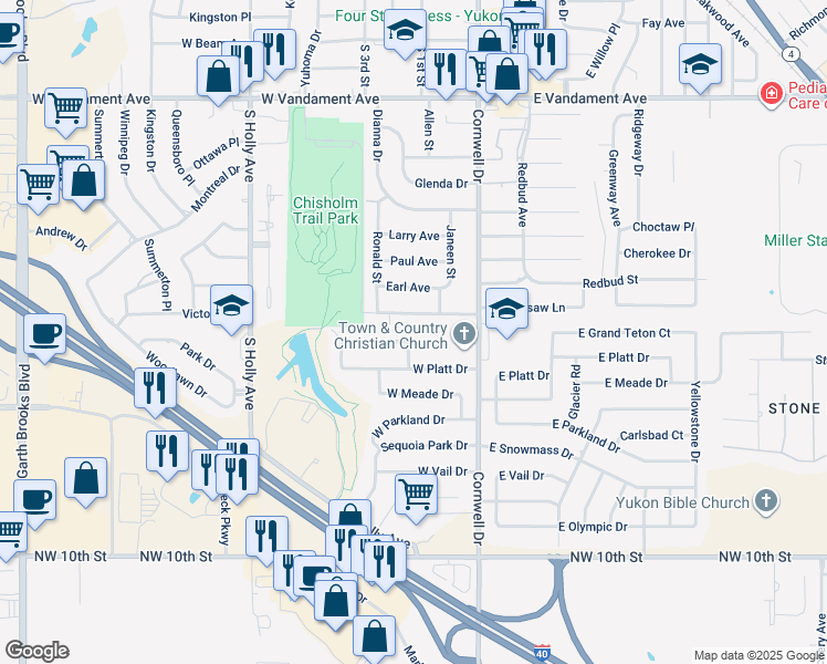 map of restaurants, bars, coffee shops, grocery stores, and more near 209 West Grand Teton Court in Yukon