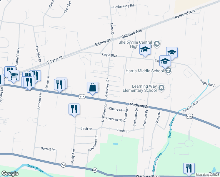 map of restaurants, bars, coffee shops, grocery stores, and more near 1 Ranchero Drive in Shelbyville
