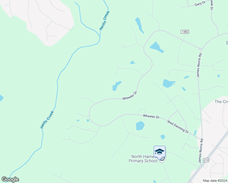 map of restaurants, bars, coffee shops, grocery stores, and more near 1156 Wheeler Drive in Angier