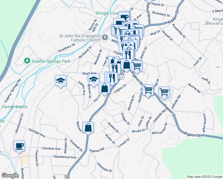 map of restaurants, bars, coffee shops, grocery stores, and more near 301 South Main Street in Waynesville