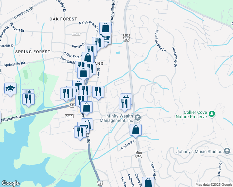 map of restaurants, bars, coffee shops, grocery stores, and more near 48 Ravencroft Lane in Asheville