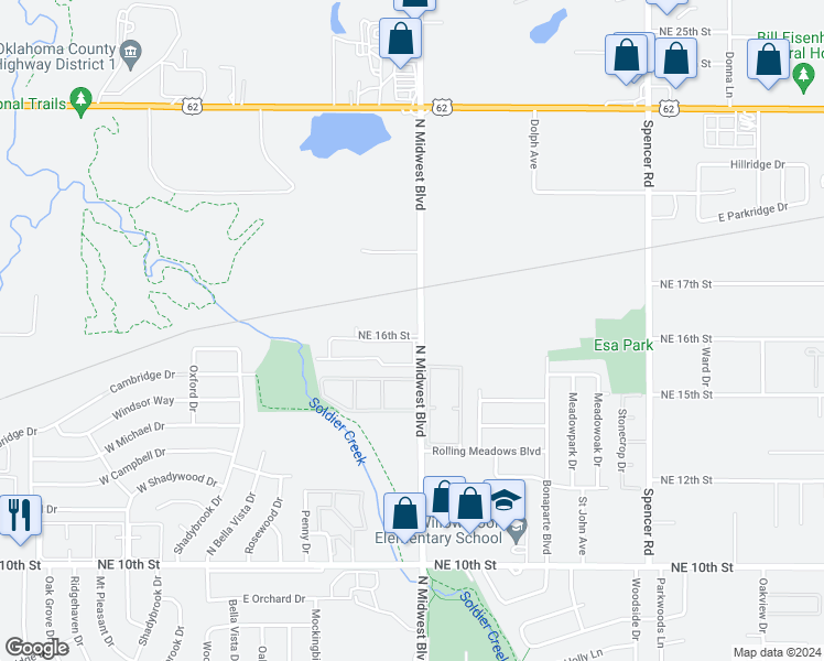 map of restaurants, bars, coffee shops, grocery stores, and more near 1701 North Midwest Boulevard in Oklahoma City