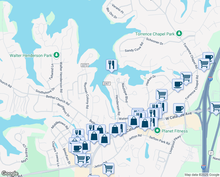 map of restaurants, bars, coffee shops, grocery stores, and more near 20119 Henderson Road in Cornelius
