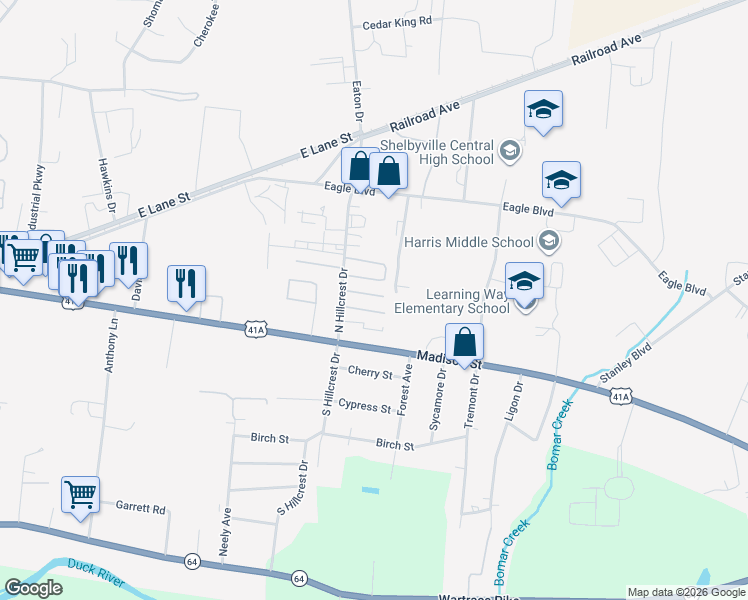 map of restaurants, bars, coffee shops, grocery stores, and more near 1-99 Ranchero Drive in Shelbyville