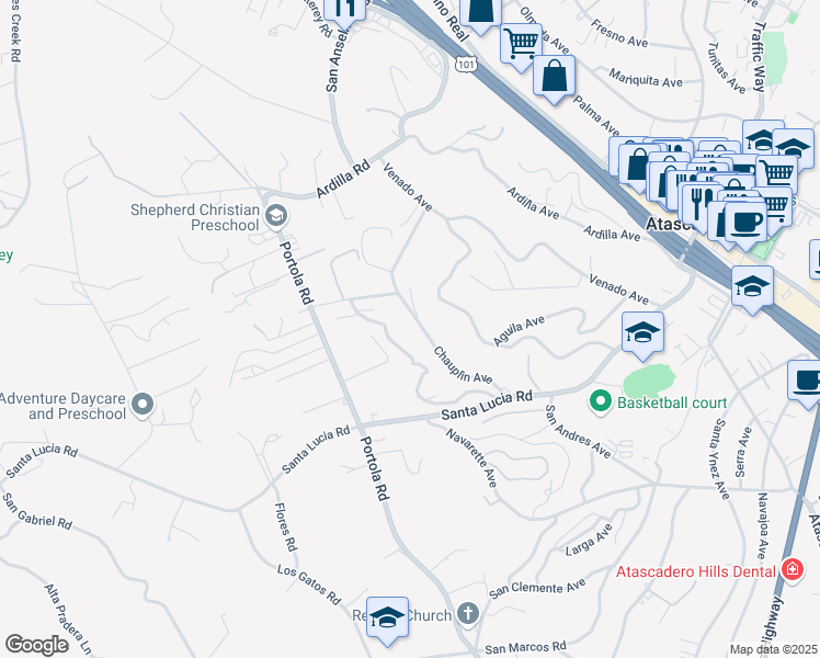 map of restaurants, bars, coffee shops, grocery stores, and more near 5495 Encino Avenue in Atascadero