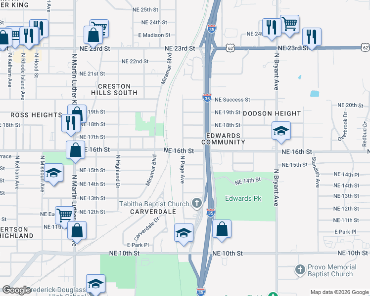 map of restaurants, bars, coffee shops, grocery stores, and more near 2504 Northeast 16th Street in Oklahoma City