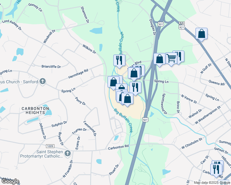 map of restaurants, bars, coffee shops, grocery stores, and more near 1131 Spring Lane in Sanford