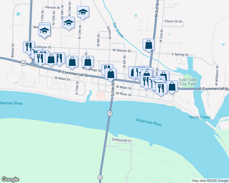 map of restaurants, bars, coffee shops, grocery stores, and more near 707 West River Street in Ozark