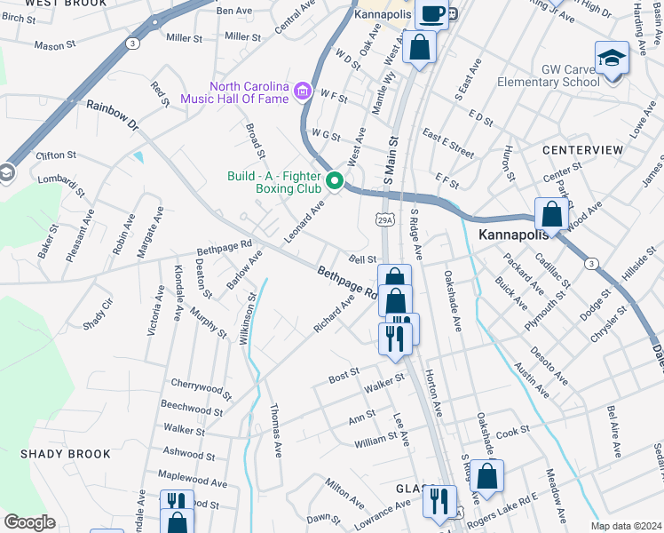 map of restaurants, bars, coffee shops, grocery stores, and more near 205 Bethpage Road in Kannapolis