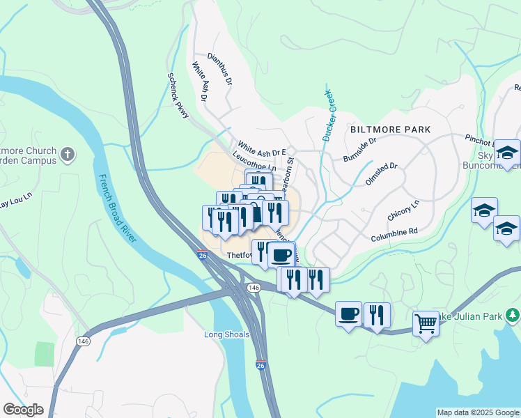 map of restaurants, bars, coffee shops, grocery stores, and more near 111 Stamford Street in Asheville