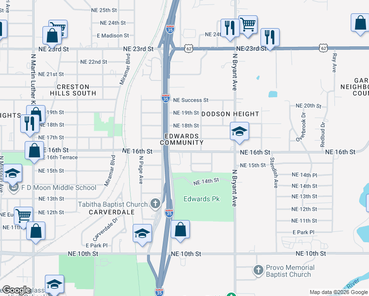 map of restaurants, bars, coffee shops, grocery stores, and more near 1530 Northeast Grand Boulevard in Oklahoma City
