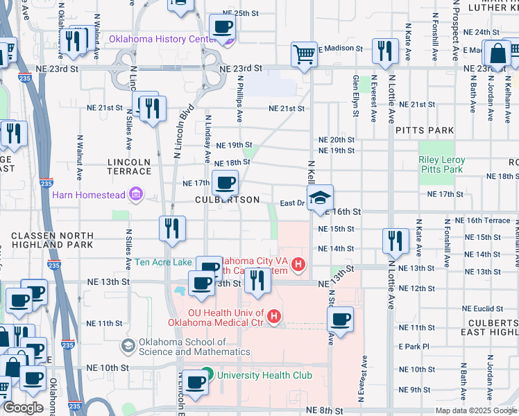 map of restaurants, bars, coffee shops, grocery stores, and more near 833 Northeast 16th Street in Oklahoma City