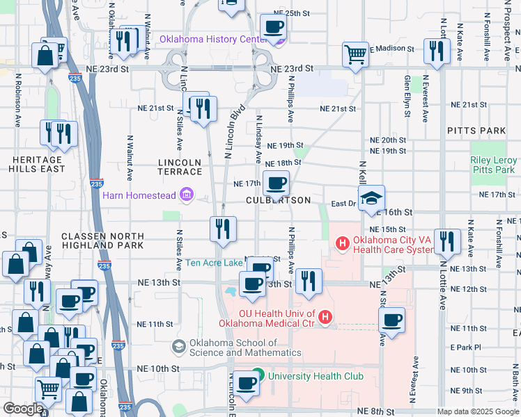 map of restaurants, bars, coffee shops, grocery stores, and more near 629 Northeast 16th Street in Oklahoma City