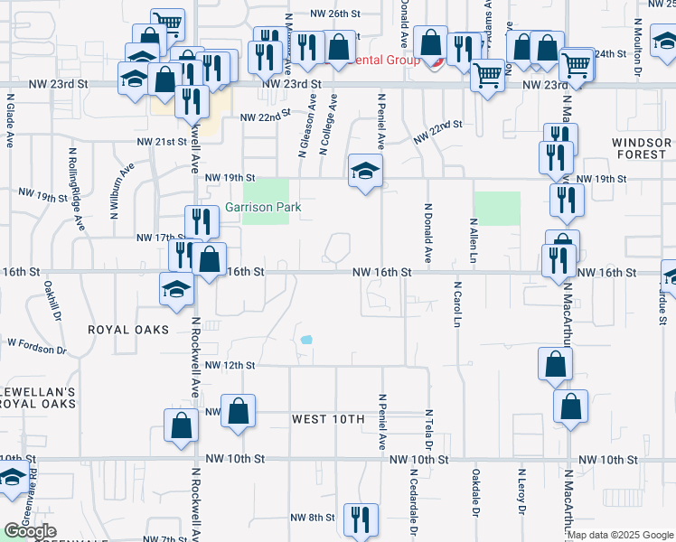 map of restaurants, bars, coffee shops, grocery stores, and more near 6704 Northwest 16th Street in Oklahoma City
