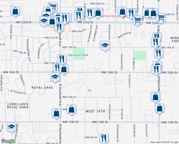 map of restaurants, bars, coffee shops, grocery stores, and more near 6832 Northwest 16th Street in Oklahoma City