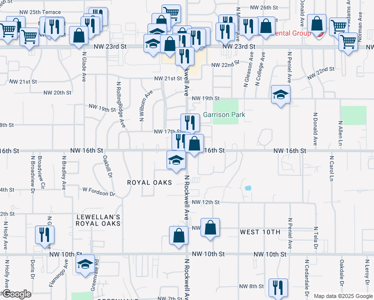 map of restaurants, bars, coffee shops, grocery stores, and more near N Rockwell Ave & NW 16th St in Bethany