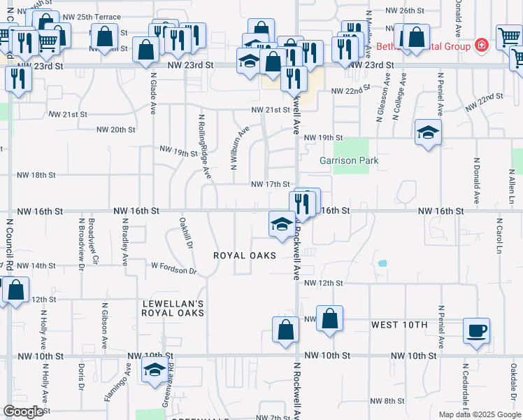 map of restaurants, bars, coffee shops, grocery stores, and more near 7171 Northwest 16th Street in Oklahoma City
