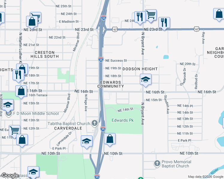 map of restaurants, bars, coffee shops, grocery stores, and more near 1530 Northeast Grand Boulevard in Oklahoma City