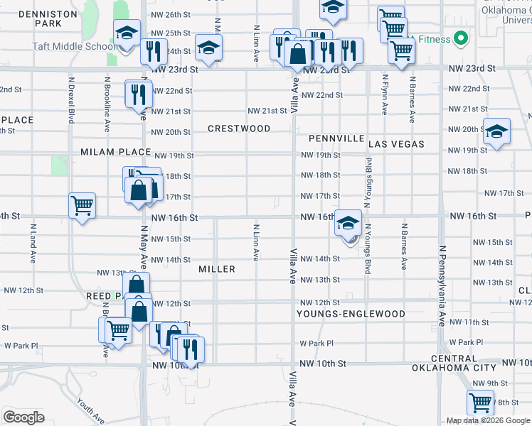 map of restaurants, bars, coffee shops, grocery stores, and more near 2536 Northwest 16th Street in Oklahoma City