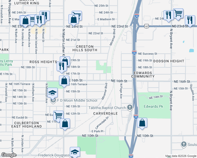 map of restaurants, bars, coffee shops, grocery stores, and more near 2231 Northeast 16th Terrace in Oklahoma City