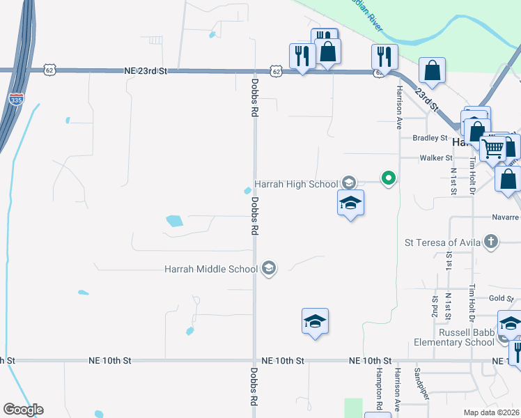 map of restaurants, bars, coffee shops, grocery stores, and more near 1724 Dobbs Road in Harrah