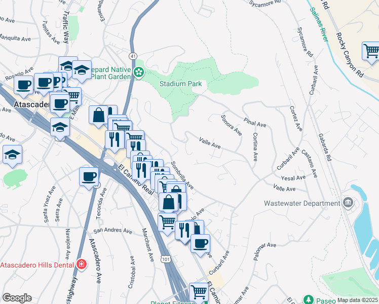 map of restaurants, bars, coffee shops, grocery stores, and more near 7210 Valle Avenue in Atascadero