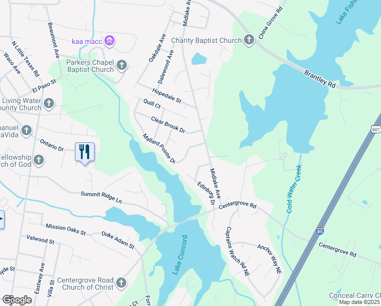 map of restaurants, bars, coffee shops, grocery stores, and more near 2168 Mallard Pointe Drive in Kannapolis