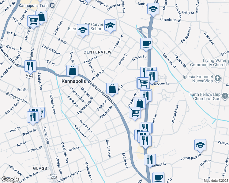 map of restaurants, bars, coffee shops, grocery stores, and more near 607 Hillside Street in Kannapolis