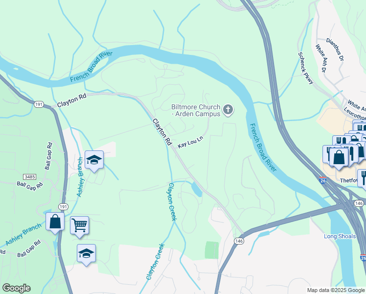 map of restaurants, bars, coffee shops, grocery stores, and more near 123 Clayton Road in Arden