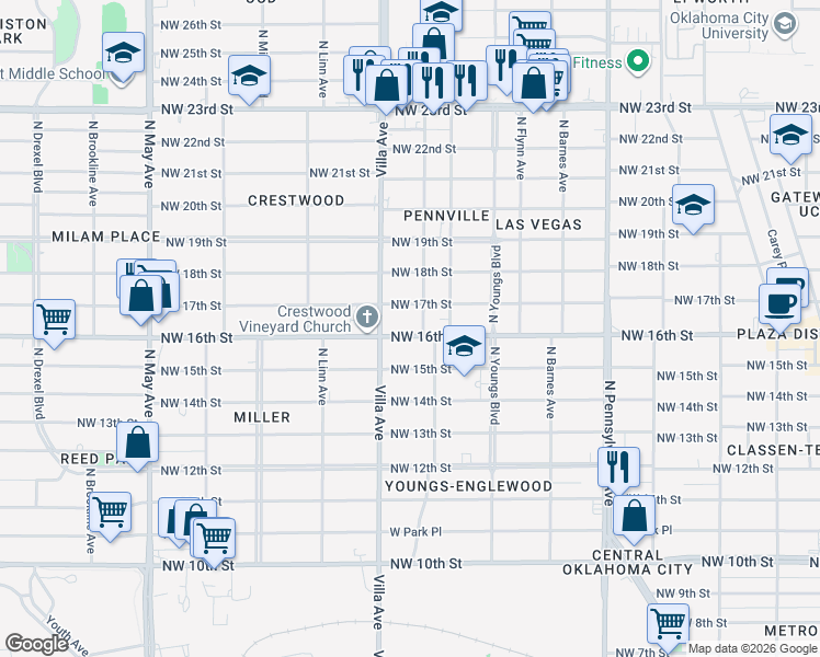 map of restaurants, bars, coffee shops, grocery stores, and more near 2409 Northwest 16th Street in Oklahoma City