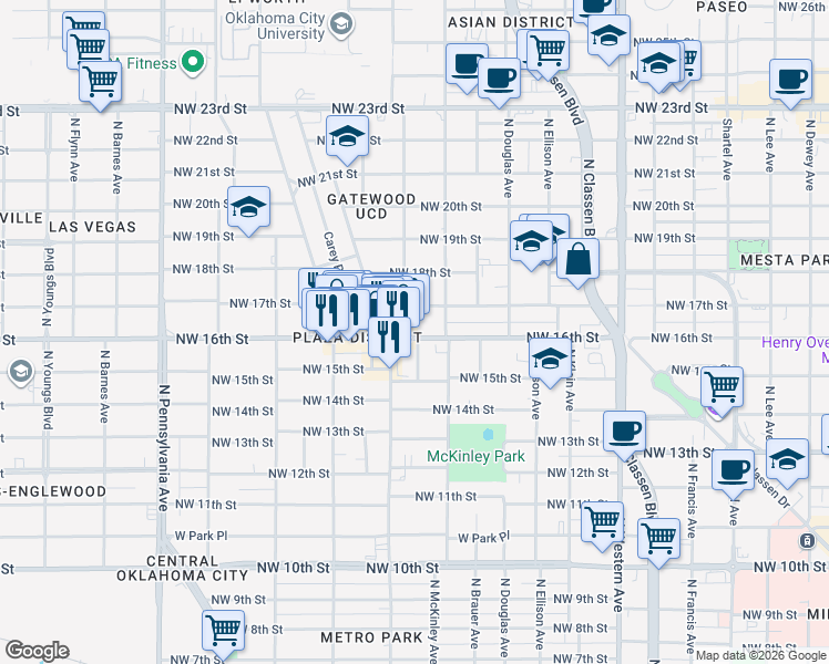 map of restaurants, bars, coffee shops, grocery stores, and more near 1620 North Marion Avenue in Oklahoma City