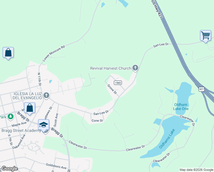map of restaurants, bars, coffee shops, grocery stores, and more near 203 Grove Street in Sanford