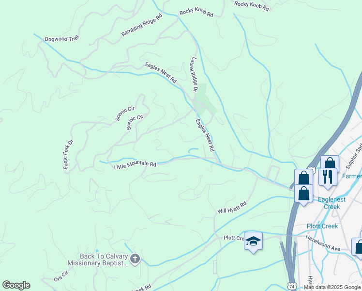 map of restaurants, bars, coffee shops, grocery stores, and more near 162 Little Mountain Road in Waynesville