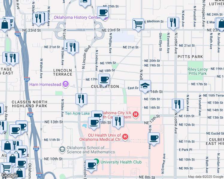 map of restaurants, bars, coffee shops, grocery stores, and more near 801 Northeast 16th Street in Oklahoma City