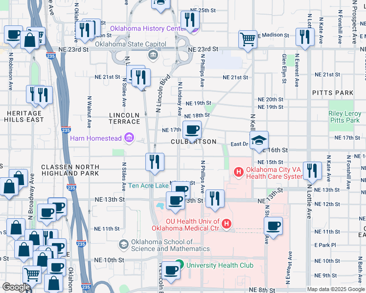 map of restaurants, bars, coffee shops, grocery stores, and more near 716 Northeast 16th Street in Oklahoma City