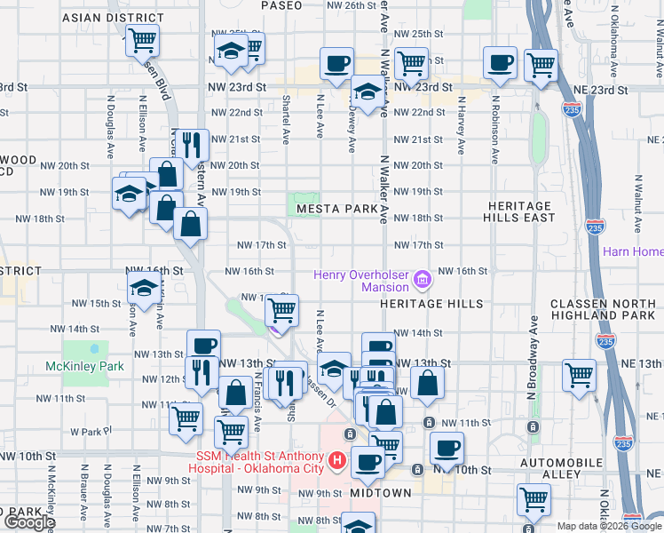 map of restaurants, bars, coffee shops, grocery stores, and more near 632 Northwest 16th Street in Oklahoma City