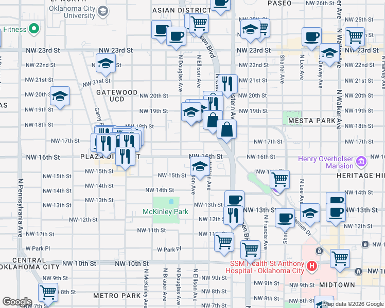map of restaurants, bars, coffee shops, grocery stores, and more near 1620 North Ellison Avenue in Oklahoma City