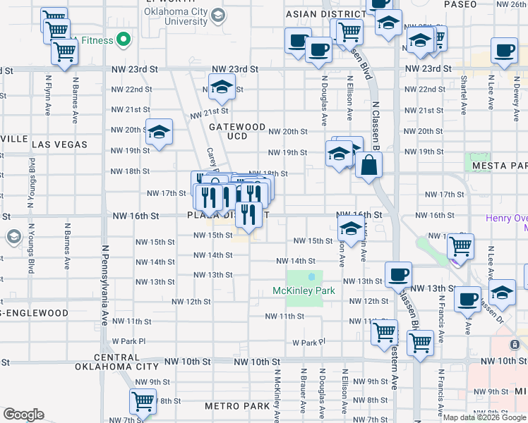map of restaurants, bars, coffee shops, grocery stores, and more near 1620 North Marion Avenue in Oklahoma City
