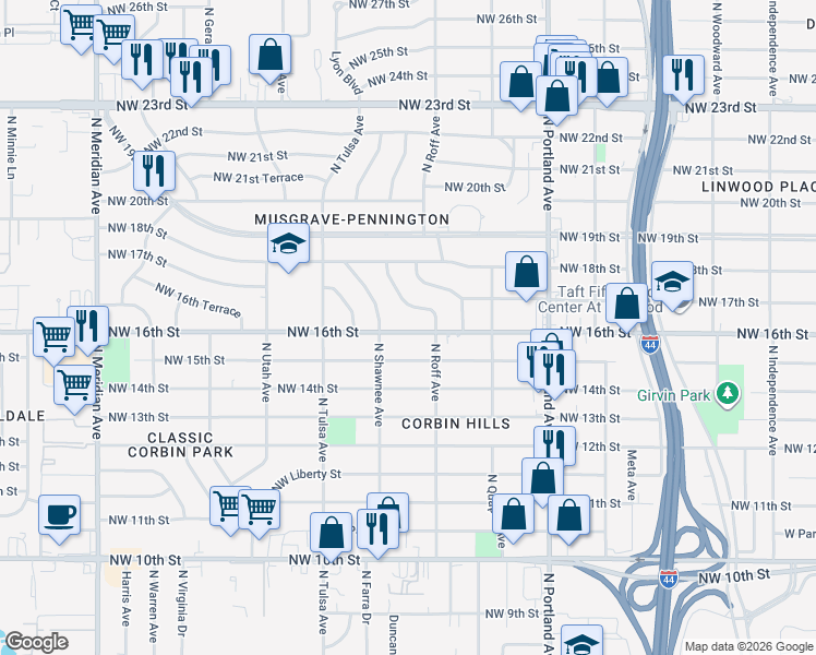 map of restaurants, bars, coffee shops, grocery stores, and more near 3913 Northwest 15th Street in Oklahoma City
