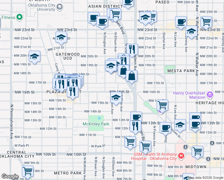 map of restaurants, bars, coffee shops, grocery stores, and more near 1620 North Ellison Avenue in Oklahoma City