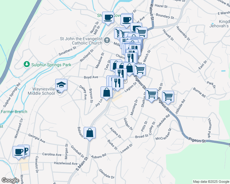 map of restaurants, bars, coffee shops, grocery stores, and more near 301 South Main Street in Waynesville