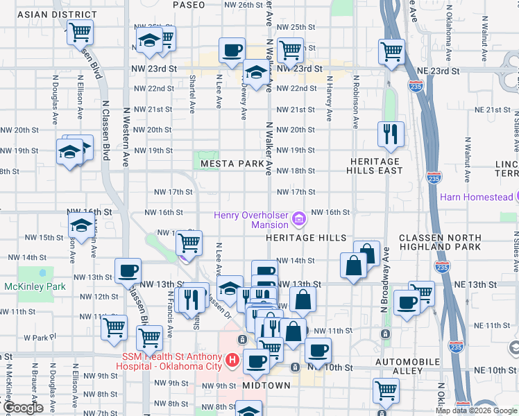 map of restaurants, bars, coffee shops, grocery stores, and more near 440 Northwest 16th Street in Oklahoma City