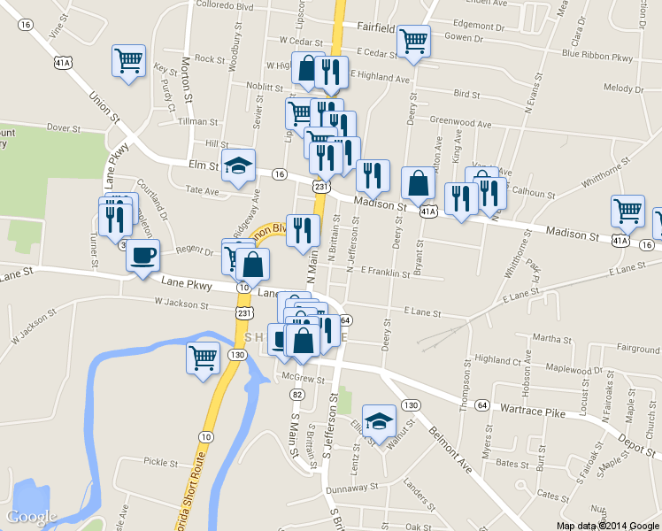 map of restaurants, bars, coffee shops, grocery stores, and more near 600 N Brittain St in Shelbyville