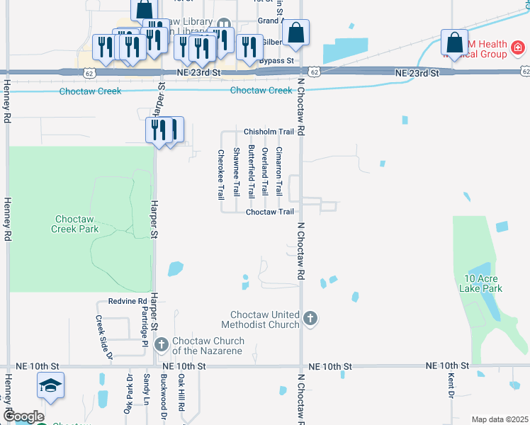 map of restaurants, bars, coffee shops, grocery stores, and more near 14543 Choctaw Trail in Choctaw