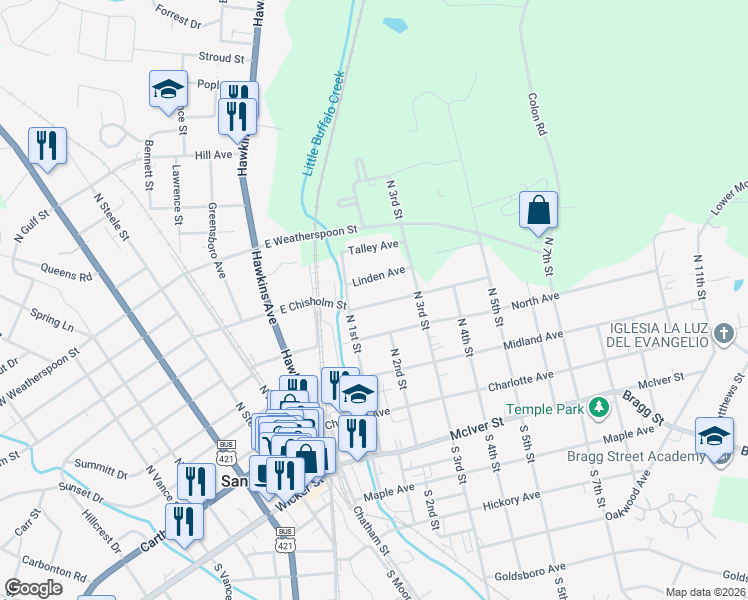 map of restaurants, bars, coffee shops, grocery stores, and more near 213 North Avenue in Sanford