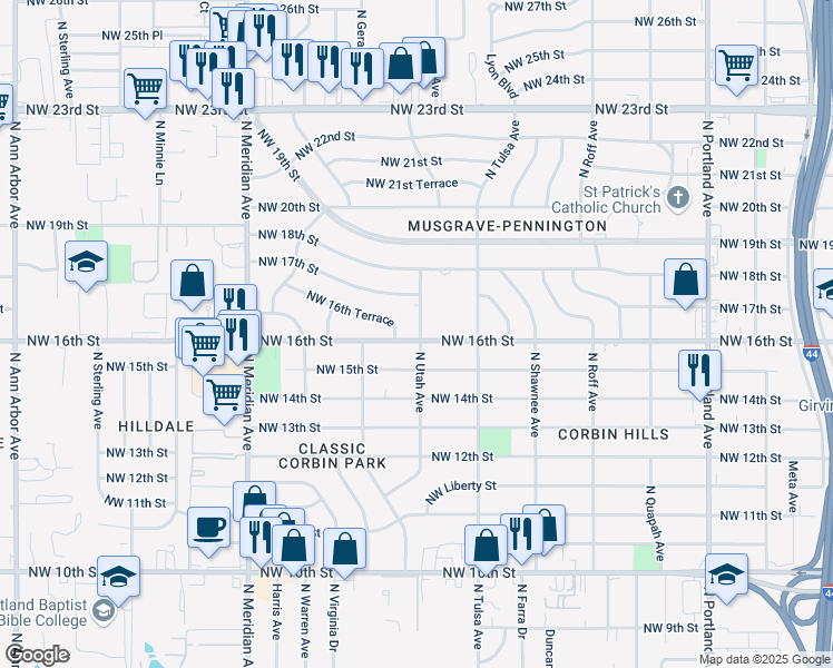 map of restaurants, bars, coffee shops, grocery stores, and more near 1727 North Utah Avenue in Oklahoma City